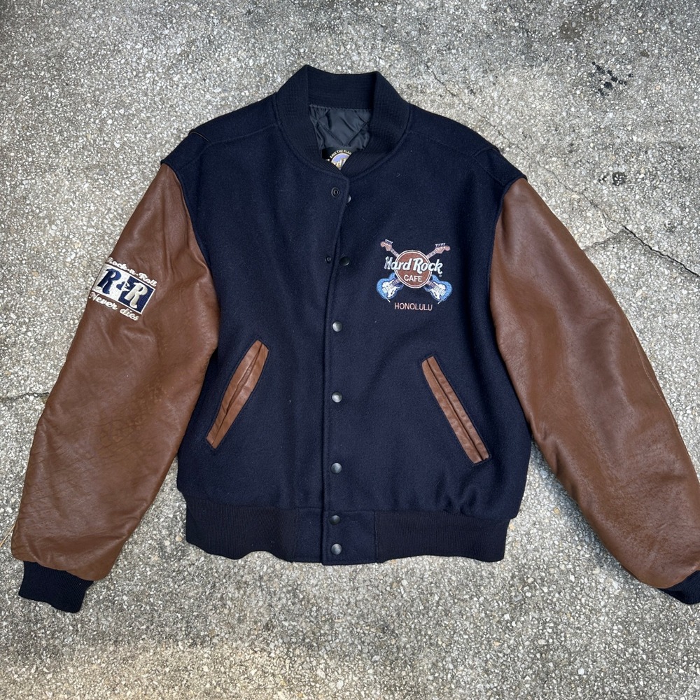 Vintage Hard Rock Cafe Honolulu Varsity Jacket Wool Leather Navy Brown M USA